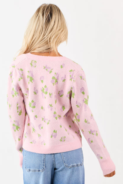 Carnation Floral Button Up Wool Blend Knit Cardigan