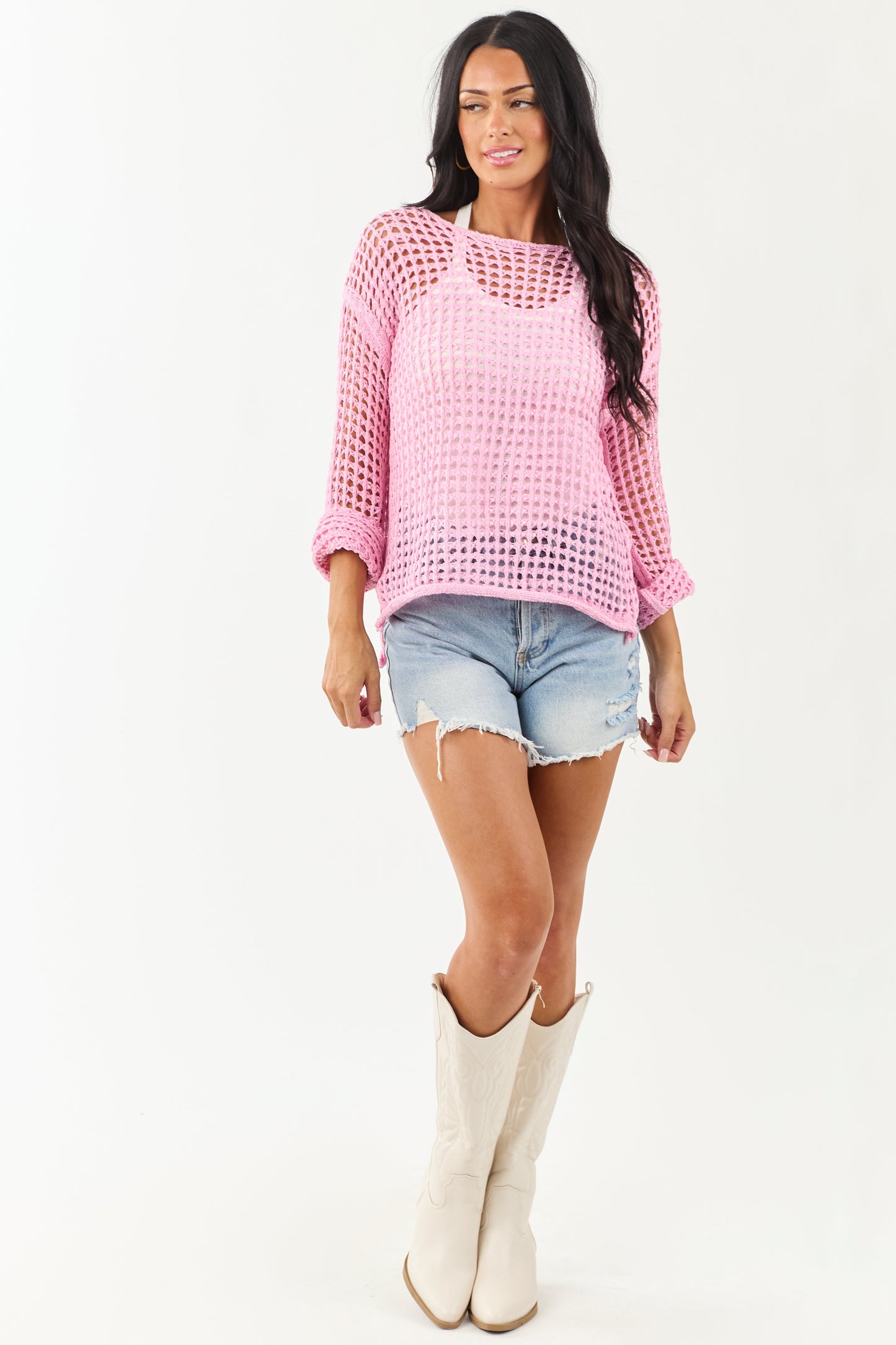 Carnation Open Crochet Knit Relaxed Sweater
