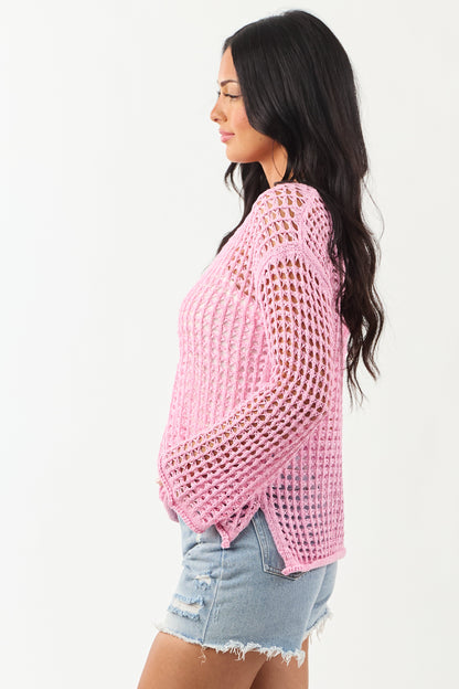 Carnation Open Crochet Knit Relaxed Sweater