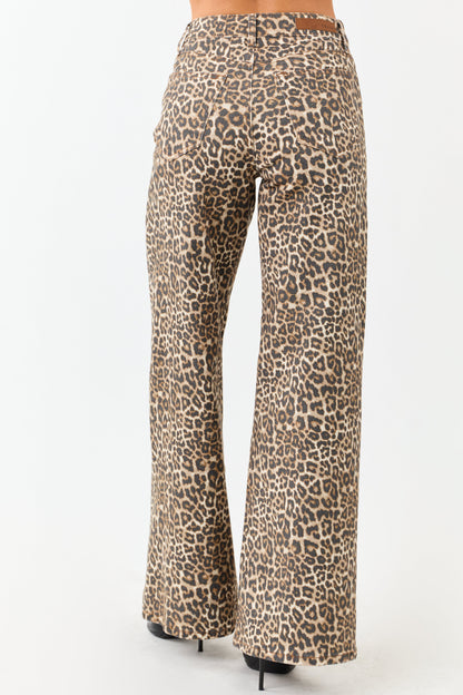 Cello Camel Leopard Print Wide Leg Stretchy Jeans