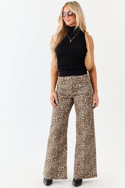 Cello Camel Leopard Print Wide Leg Stretchy Jeans