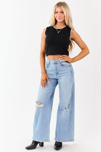 Cello Light High Rise Distressed Stretchy Wide Jeans