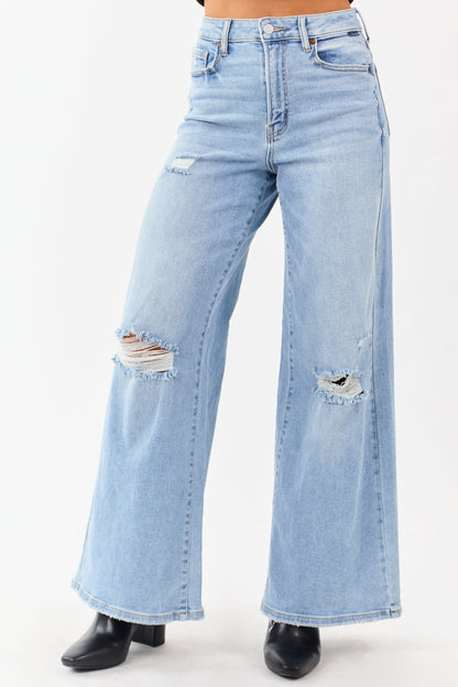 Cello Light High Rise Distressed Stretchy Wide Jeans
