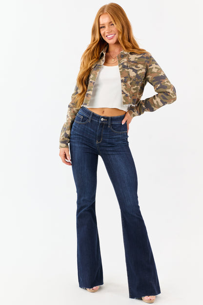 Cello Olive Camo Print Cropped Denim Jacket