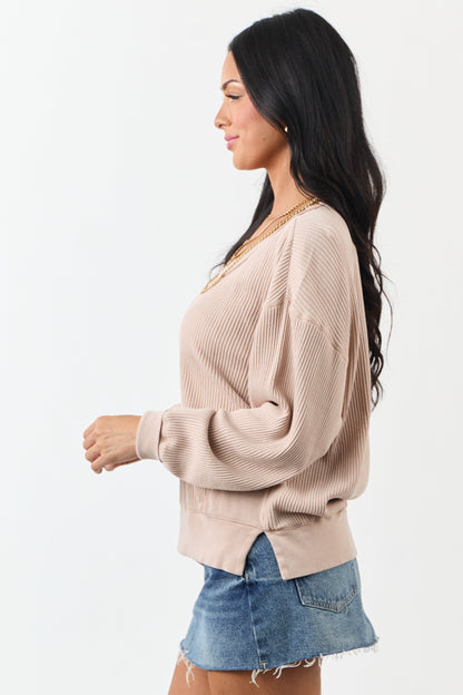 Champagne Boat Neck Cotton Knit Relaxed Sweater
