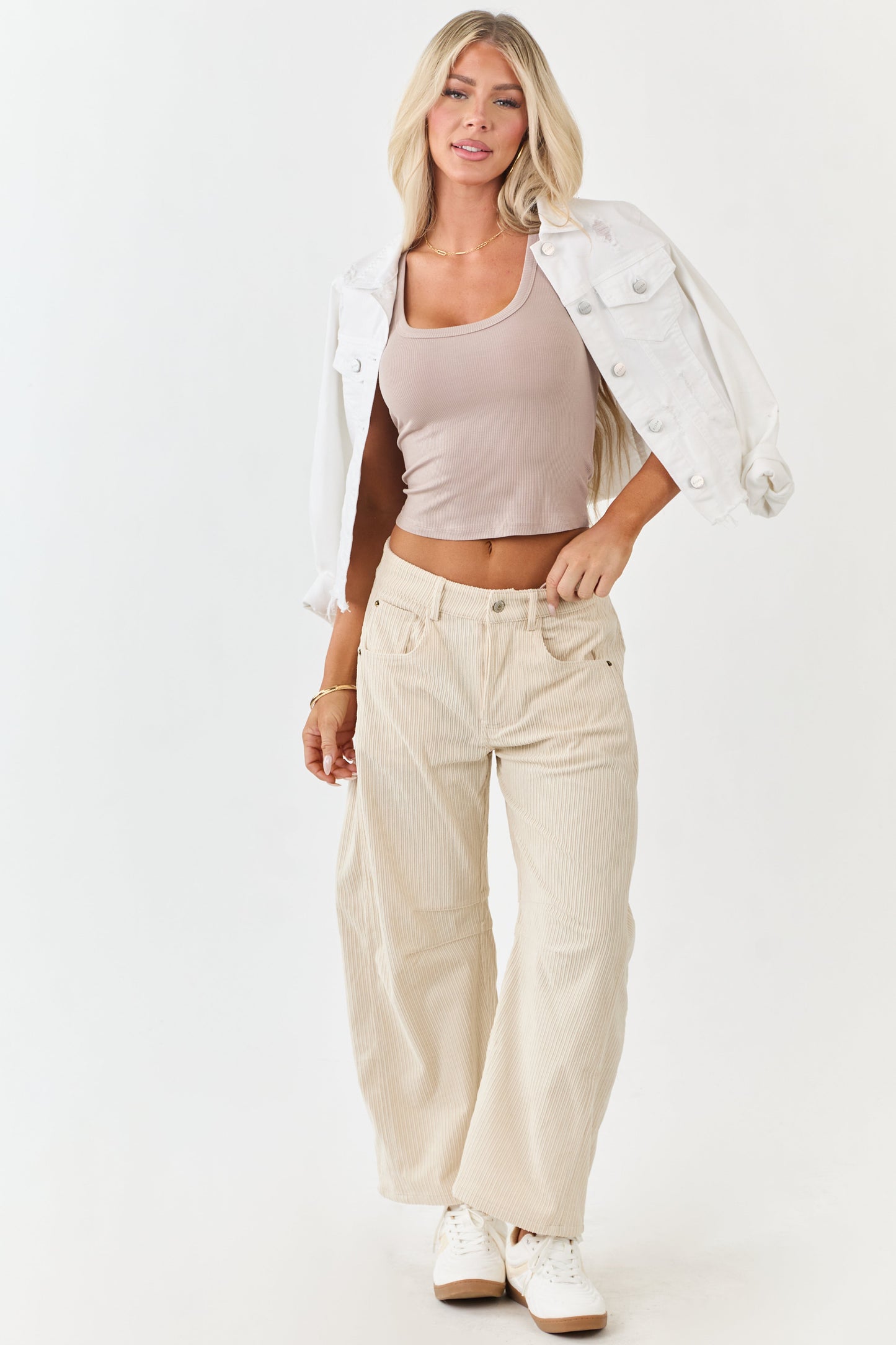 Champagne Corduroy High Waisted Barrel Leg Pants