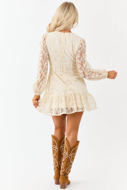 Champagne Floral Lace Long Sleeve Ruffle Hem Mini Dress