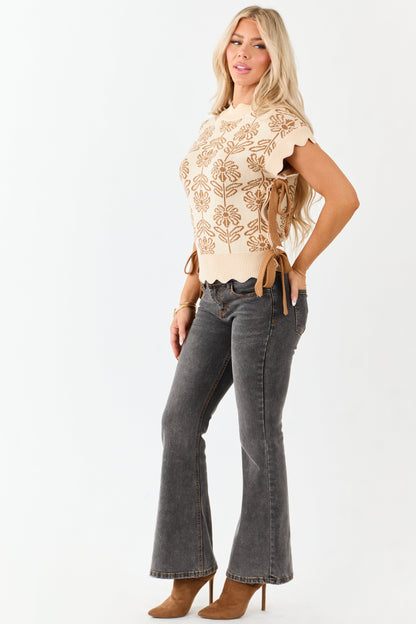Champagne Floral Scallop Trim Side Tie Sweater Vest