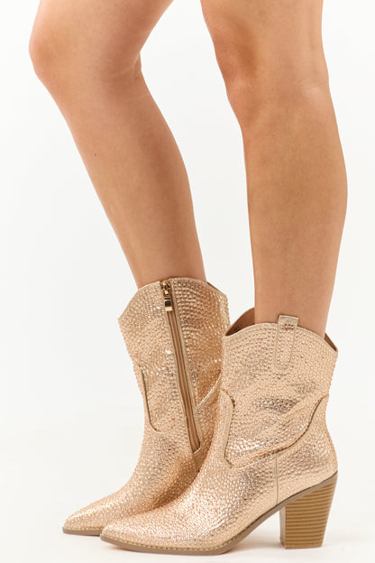 Champagne Rhinestone Embellished Pointed Toe Booties