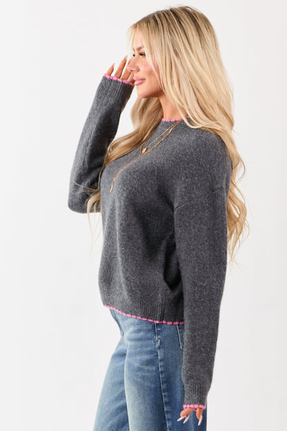 Charcoal Contrast Trim Wool Blend Sweater