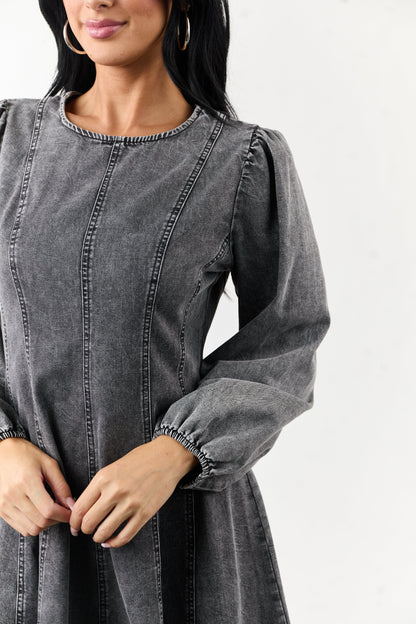 Charcoal Mineral Wash Denim Long Sleeve Mini Dress