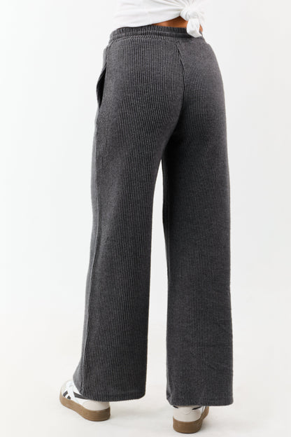 Charcoal Ribbed Knit Drawstring Waist Wide Leg Pants