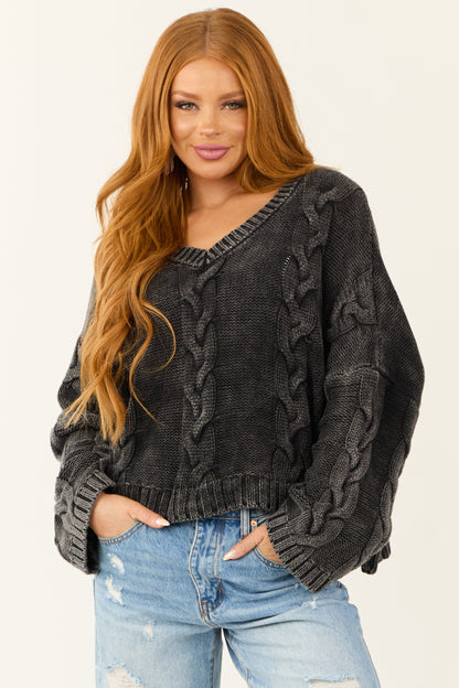 Charcoal Mineral Wash V Neck Cable Knit Sweater