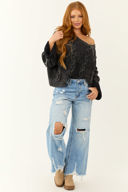 Charcoal Mineral Wash V Neck Cable Knit Sweater