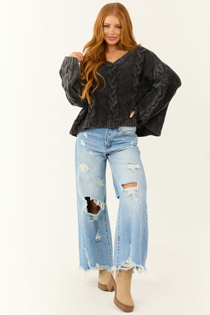 Charcoal Mineral Wash V Neck Cable Knit Sweater