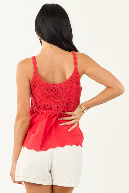 Cherry Knit Front Tie Eyelet Cotton Tank Top