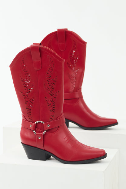 Cherry Embroidered Riding Strap Heeled Boots