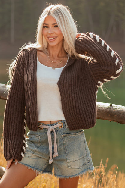 Chocolate Contrast Stitching Rib Knit Cardigan