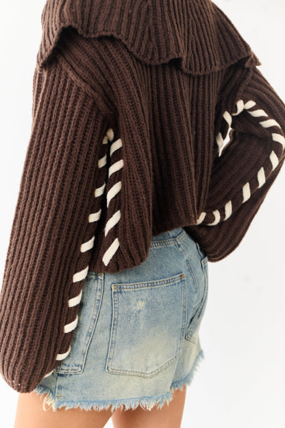Chocolate Contrast Stitching Rib Knit Cardigan
