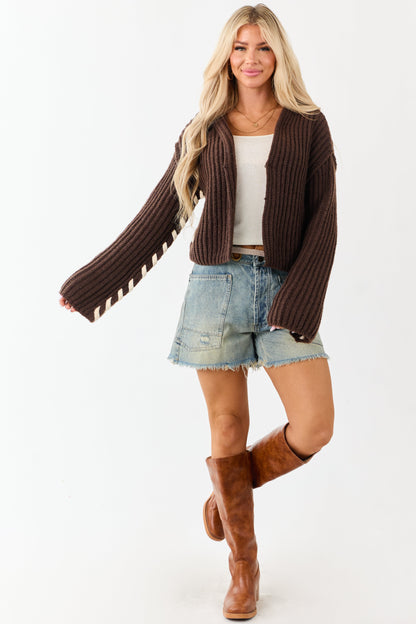 Chocolate Contrast Stitching Rib Knit Cardigan