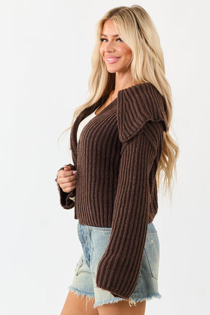 Chocolate Contrast Stitching Rib Knit Cardigan