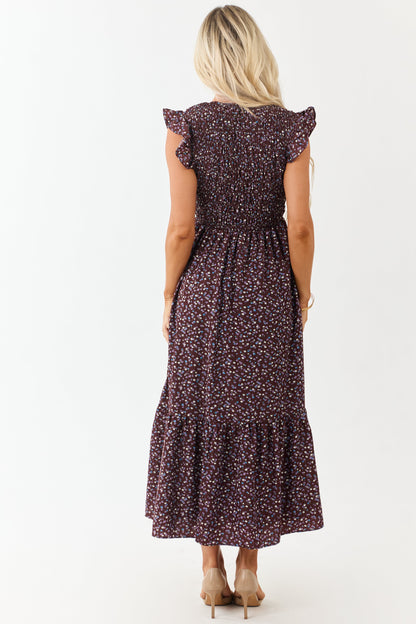 Chocolate Ditsy Floral Print Ruffle Sleeve Maxi Dress