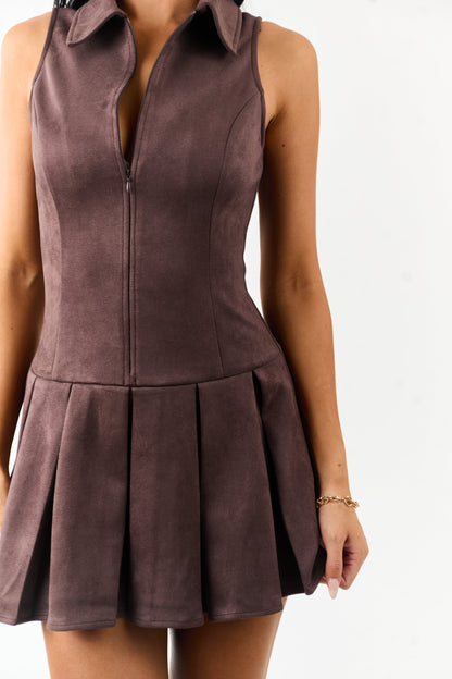 Chocolate Faux Suede Pleated Zip Up Mini Dress