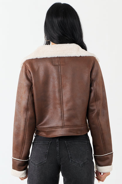 Chocolate Faux Suede Zip Up Faux Fur Lined Jacket