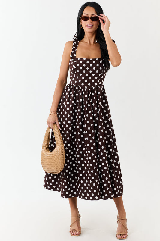 Chocolate Polka Dot Tie Strap Cotton Midi Dress