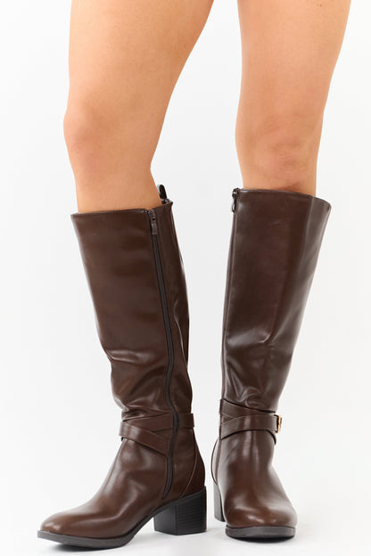 Chocolate Faux Leather Knee High Block Heel Boots