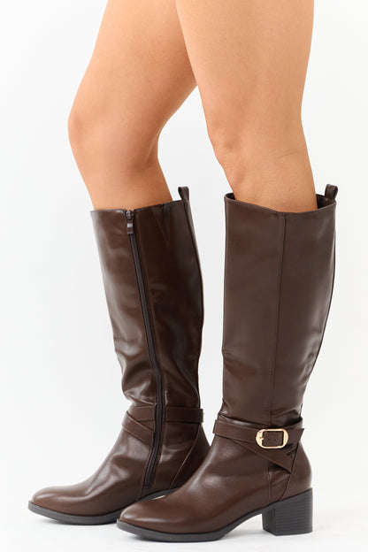 Chocolate Faux Leather Knee High Block Heel Boots