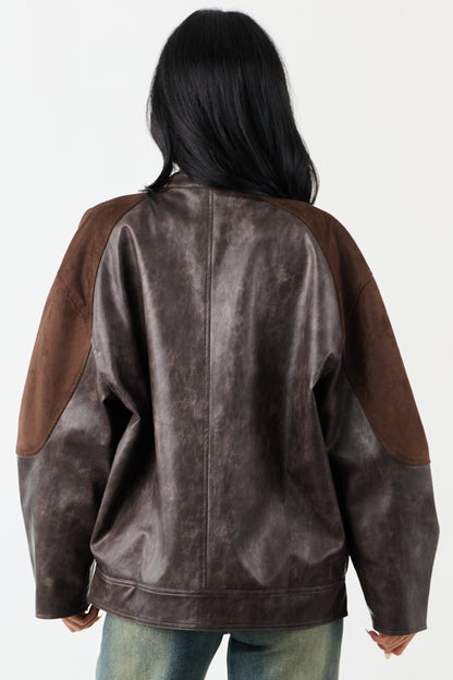 Cocoa Faux Leather Barrel Sleeve Zip Up Jacket