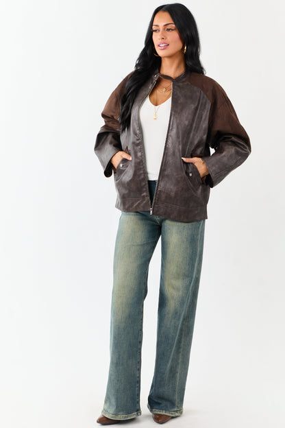 Cocoa Faux Leather Barrel Sleeve Zip Up Jacket
