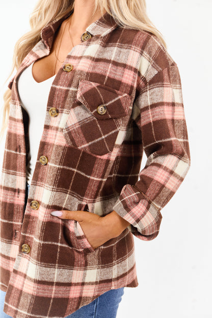 Cocoa Flannel Plaid Button Down Collared Shacket