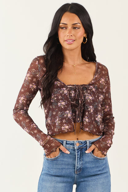 Cocoa Floral Mesh Layered Front Tie Long Sleeve Top