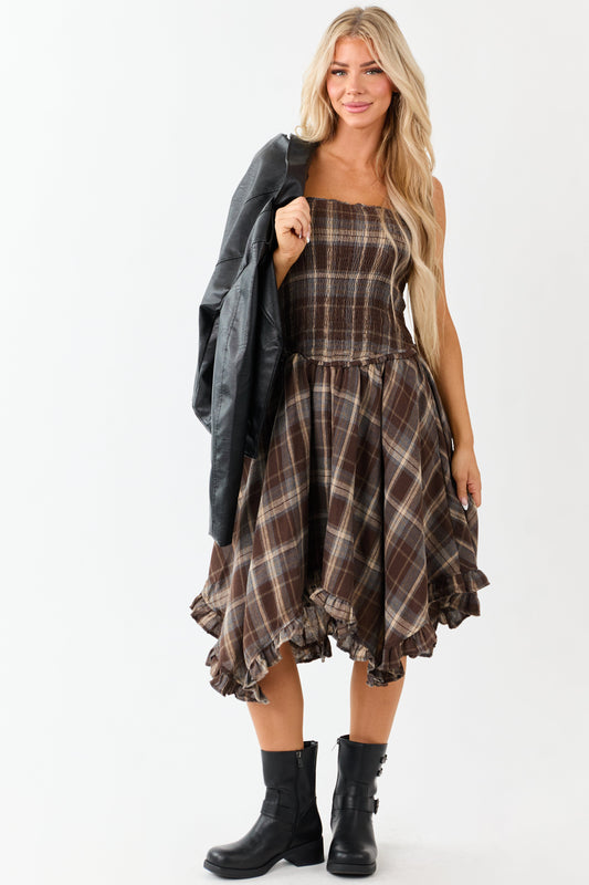 Cocoa Plaid Handkerchief Hem Sleeveless Midi Dress