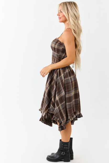 Cocoa Plaid Handkerchief Hem Sleeveless Midi Dress