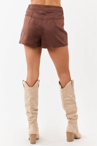 Cocoa Soft Faux Suede Belted Mini Shorts