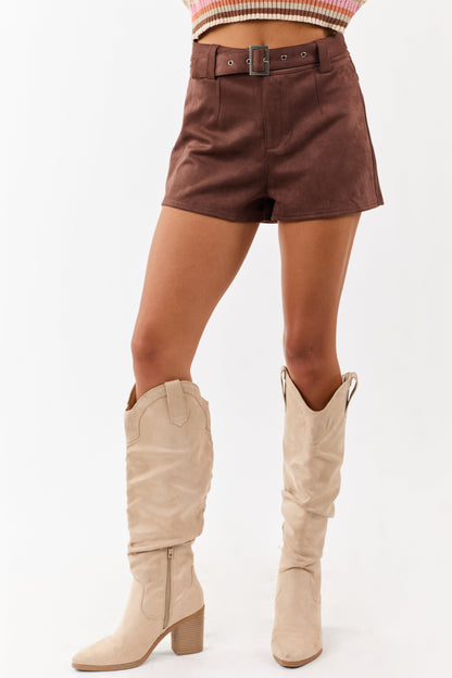Cocoa Soft Faux Suede Belted Mini Shorts