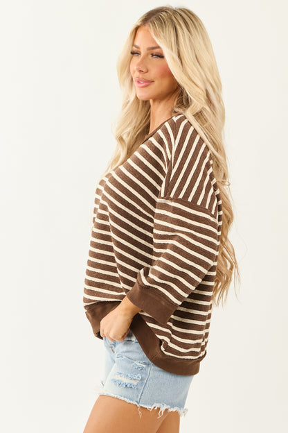 Cocoa Striped 3/4 Sleeve Cotton Relaxed Sweater Top