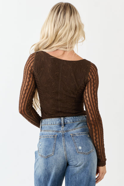 Cocoa Textured Lace Long Sleeve Mesh Bodysuit