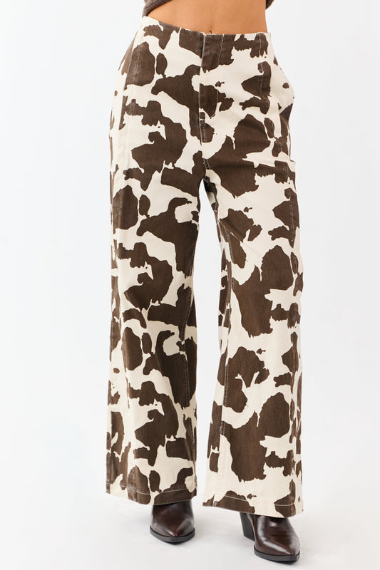 Coconut Cow Print Elastic Waist Wide Leg Denim Pants