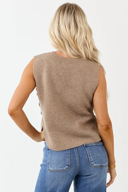 Coffee Button Detail Knit Sweater Tank Top