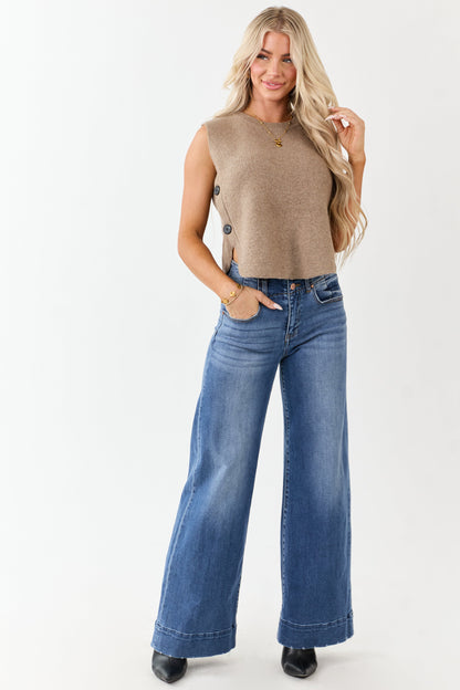 Coffee Button Detail Knit Sweater Tank Top