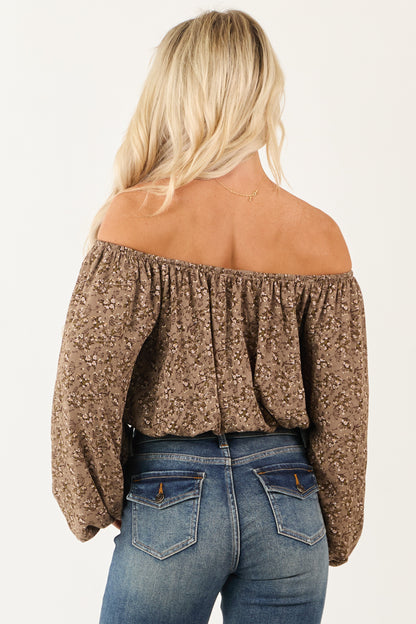 Coffee Floral Print Off Shoulder Crop Top