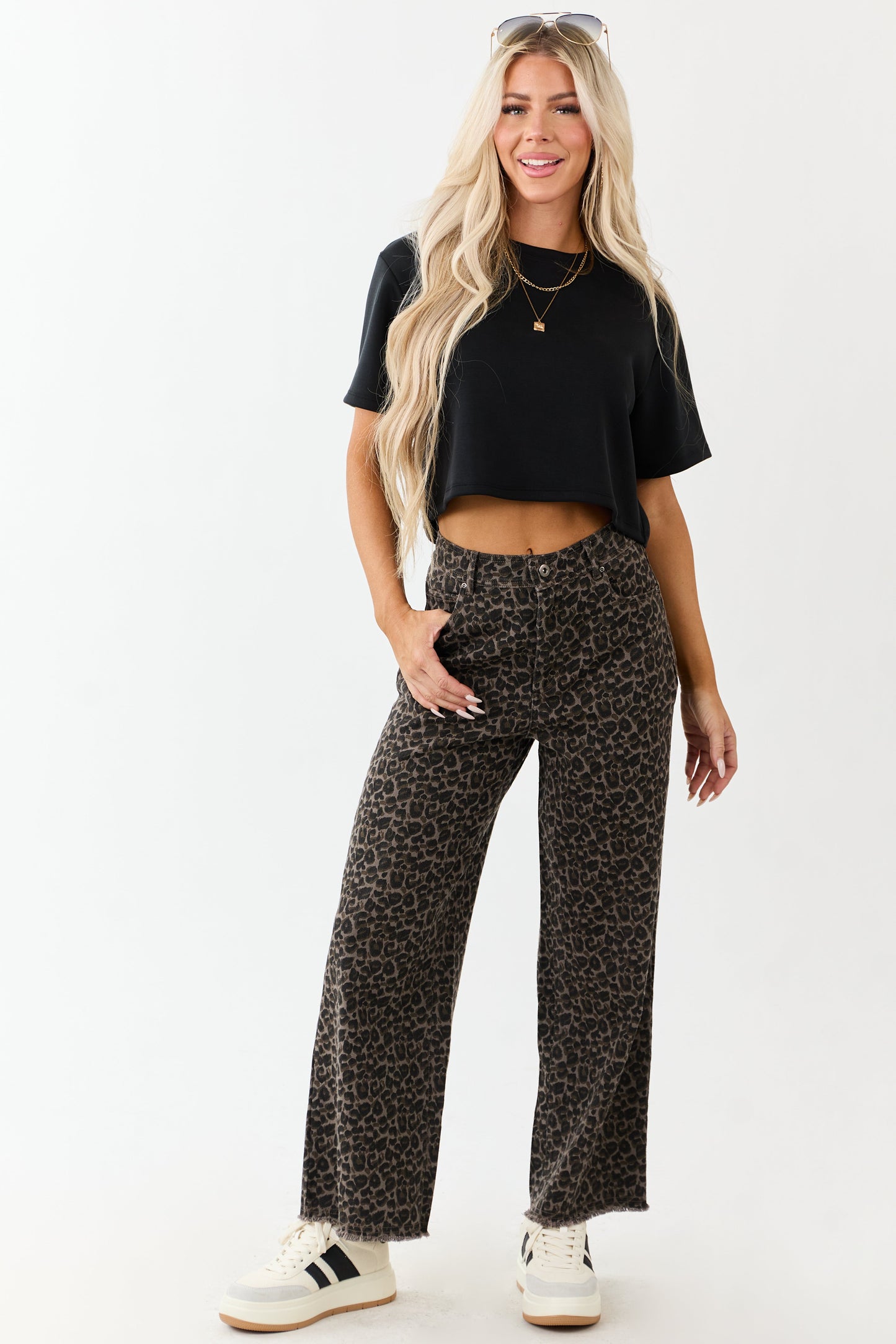 Coffee Leopard Print Wide Leg Denim Pants