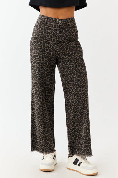 Coffee Leopard Print Wide Leg Denim Pants