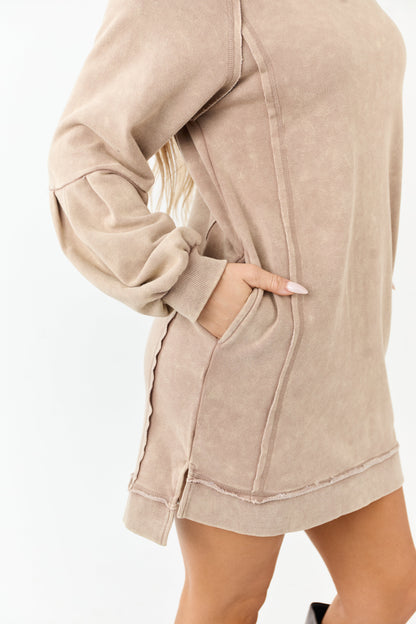 Coffee Mineral Wash Knit Raglan Sleeve Mini Dress