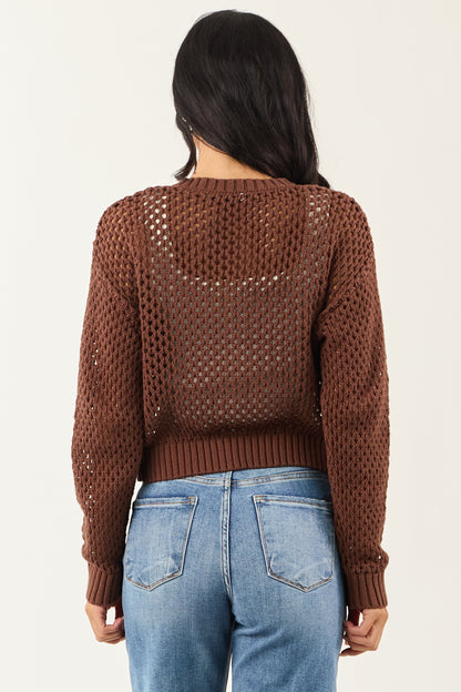 Coffee Open Knit Button Down Cardigan