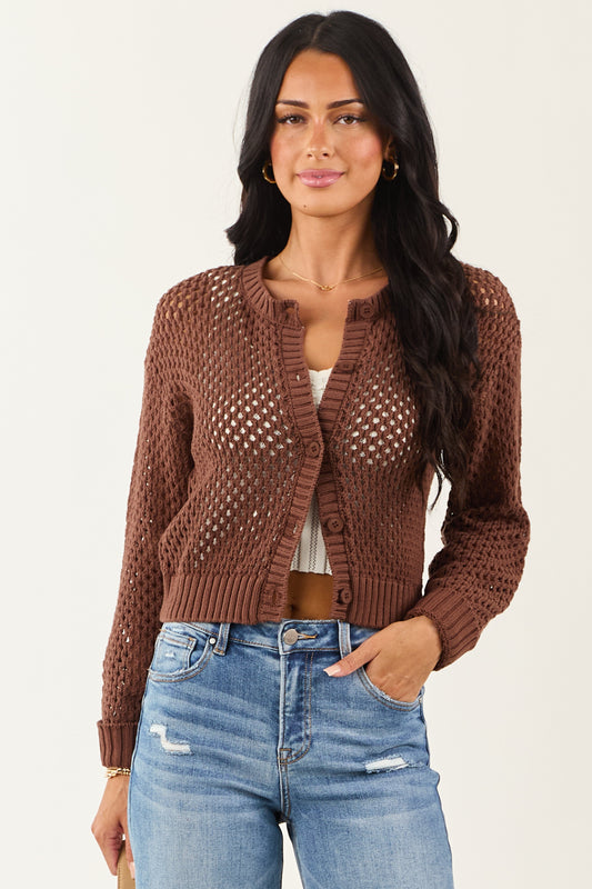 Coffee Open Knit Button Down Cardigan